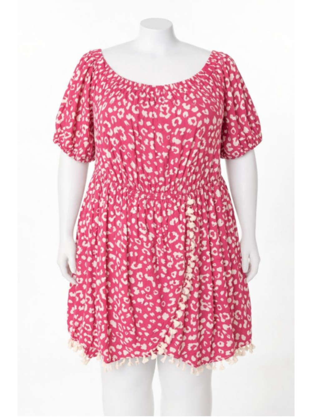 Andrée by Unit Pink Leopard Print Tassel Boho Off Shoulder Dress NWT 3X